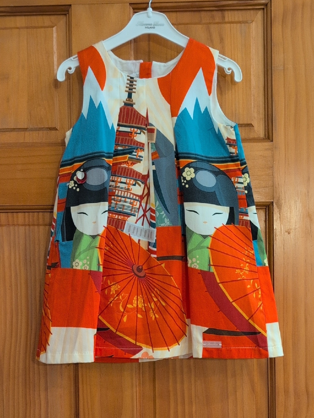 Girls Sleeveless Dress with Geisha & Umbrella Print - Red, Blue, Green